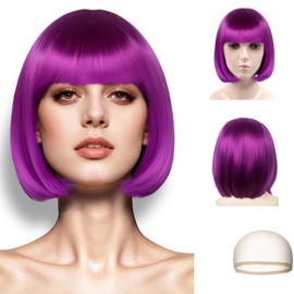 LIULIUBTY Black Bob Wig for Women, 10" Heat Resistant Synthetic Hair, Straight Bangs, Daily/Party Wear (Purple)