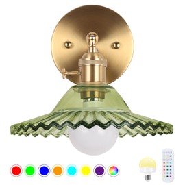 EIDEARAY Battery Operated Wall Sconce, Vintage Wall Sconce with Green Flower Pattern Glass Rechargeable, Battery Powered Wall Light with Remote Control for Bedroom,Living Room, Hallway, Aisle