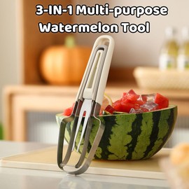 MOTEERLLU 3 in 1 Multifunctional Watermelon Popsicle Slicer Cutter Tool with Fork, Stainless Steel Fruit Cutter Slicer Kitchen Gadget, Portable Watermelon Windmill Cutter Knife (Beige)