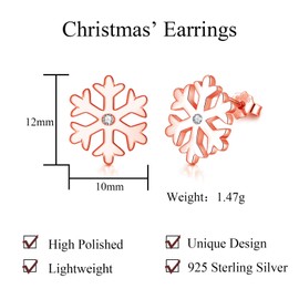 Josfeva Snowflake Stud Earrings for Women, 925 Sterling Silver Christmas Studs Earrings with 5A White Zirconia, Rose Gold Xmas Stud Earrings, Hypoallergenic Snow Winter Jewellery for Party Birthday