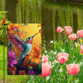Lorugekyu Summer Hummingbird Garden Flag Colorful Floar Small Flag for Outside Burlap Double Sided Farmland Welcome Yard Lawn Winter Decor 12.5x18"