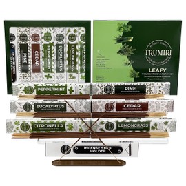 Leafy Incense Sticks Variety Pack - 120 Insence-Sticks (6 Incents x 20 Insense) - Citronella Lemongrass Eucalyptus Peppermint Pine Cedar - Natural Inscents-Sticks Non Toxic Inciensos + Incense Holder