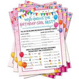 Skylety The Birthday Girl Best, 50 Pieces Birthday Party Activity Game Card Set Who Knows Her Best Girl Birthday Party Activity Themed Party Decorations (Pink)