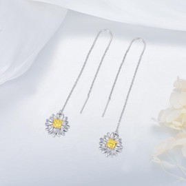 Daisy Earrings Sterling Silver Daisy Threader Earrings Pull Through Chain Earrings Daisy Dangle Earrings Jewelry Gifts for Women Girls