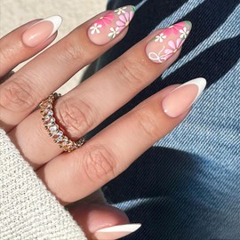 Flower Fake Nails, 24pcs Flower Press On Nails Medium Almond Shape Glossy False Artificial Summer Fresh Stick on Nails, Long Lasting Manicure Art Decoration Home DIY Comfortable Fit