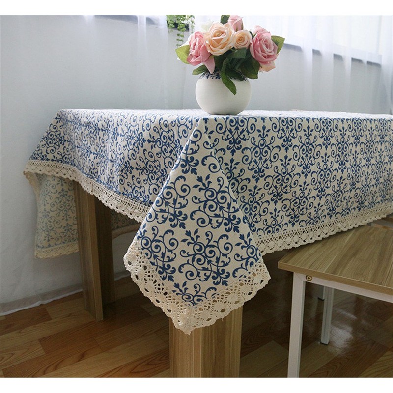 Superwinger Classic Linen Cotton Blue Flower Printed Tablecloth Dustproof Rectangular
