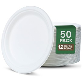 Ask Packaging 100% Compostable (12 Inch / 50-Pack) Heavy-Duty Eco-Friendly Disposable Bagasse Plates, Made of Natural Sugarcane Fibers – (12" / 31cm) Biodegradable Paper Plates