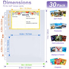 30 Pack 120 Pockets 4x6 Recipe Card Sleeves,3 Ring Binder Recipe Card Protector Pages,Double Sided 2 Pocket Refill Sheets for Recipe Book, 8.5x11 Inch Top Loading Clear Sleeve Sheets