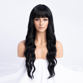 SIMKAYLEE Wavy Long Black Wig with Fringe Women's Asian Hair Synthetic Wigs for Women Curls Long Black Wig with Bangs for Daily Carnival Party Cosplay (66 cm)