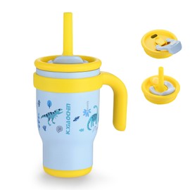 KXIAOCHEN 14oz Kids Tumbler with Handle, 2 Lids(Straw Lid&Spout Lid), Insulated Stainless Steel Reusable Tumbler for Toddlers, Keeps Drinks Cold up to 24 Hrs, Blue Dinosaur