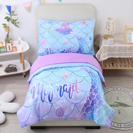 STYHO Blue Toddler Duvet Cover Set Colorful Mermaid Tail Printed Cot Bedding Set Soft Reversible Gradient Toddler Bedding Set(Blue Mermaid, Cot Bed)