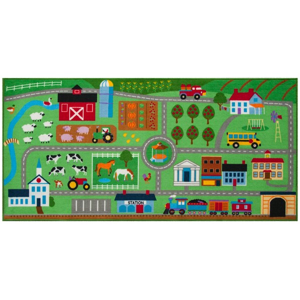 Wildkin Kids Educational Play Rug for Boys and Girls, Features Skid-Proof Backing and Serged Borders, Play Rugs Measures 80 x 39 Inches with Durable Nylon Material, Olive Kids (Farm Land)