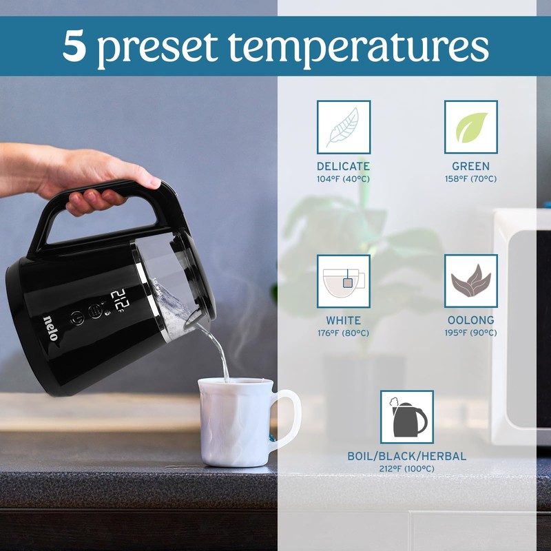 NELO Electric Kettle with 5 Temperature Control Presets, Large Digital