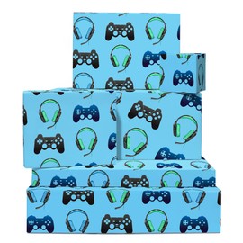 Gamer Wrapping Paper - Boys Wrapping Paper - 6 Sheets of Gift Wrap - For Boy Men Boyfriend - Comes with Fun Stickers - By Central 23