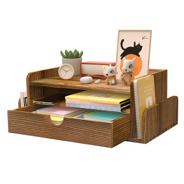 HZE Wooden Desk Organizer with Drawers, Rustic 3-Tier Office Desktop