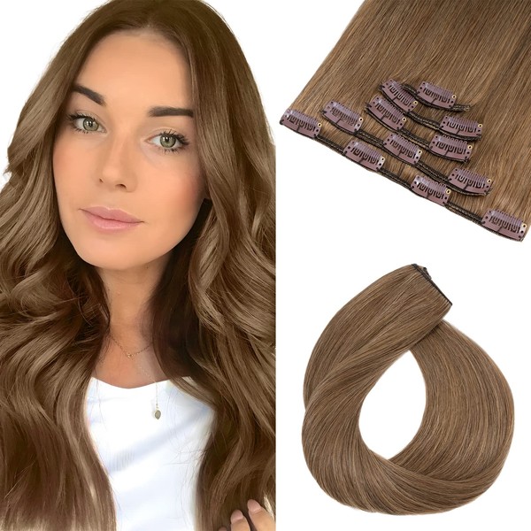 Elailite Remy Hair Extensions - Pack of 5 Clip-In Real Hair Extensions - 12 Clips Clip in Extensions Blonde - Straight - 22 Inches (55 cm 75 g) #06 Light Brown