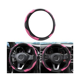 KHGUZ Elastic Car Steering Wheel Cover, Carbon Fiber Leather Stretch Auto Steering Wheel Protector, Anti-Slip Vehicle Interior Decor Protective Accessories, Universal for RV, SUV, Truck (Black/Pink)