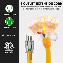 POWGRN 3 FT 2 Pack 12/3 Gauge Extension Cord with Multiple Outlets Outdoor, 3 Outlet Extension Cord Heavy Duty Yellow with Lighted, Tri-Tap Power Cable, 12AWG 15Amp 1875Watts 125Volts SJTW, ETL Listed