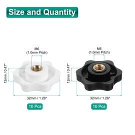 uxcell 20pcs Clamping Star Knob Set M6 Metric Female Thread 32mm 6-Point Star Plastic Head Through Hole Brass Insert Screw-in Threaded Hand Knob Handles Jig Knobs, Black + White