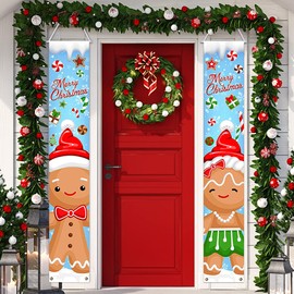 Gingerbread Christmas Decorations Gingerbread Porch Sign Banner Merry Christmas Hanging Door Banner for Indoor Outdoor Christmas Holiday Decorations Gingerbread Party Supplies