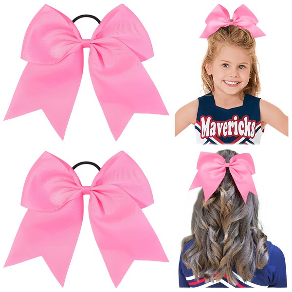 2 PCS 8 Inch Cheer Hair Bows Large Cheerleading Big Hair Bows with Ponytail Holder for Teen Girls-Pink