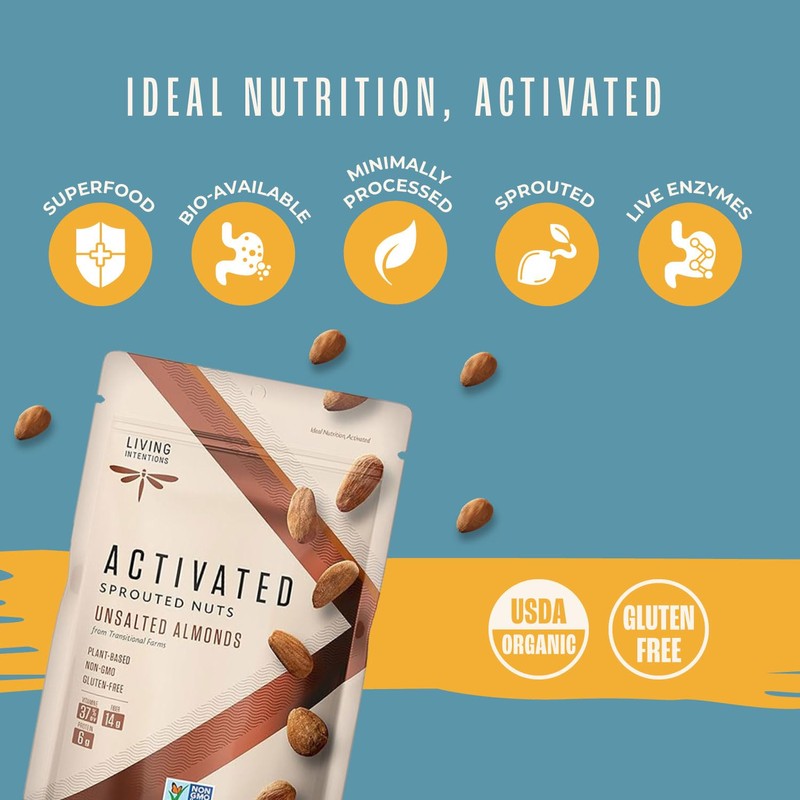 Living Intentions Activated Sprouted Nuts, Unsalted Almonds, Gluten Free, Vegan,