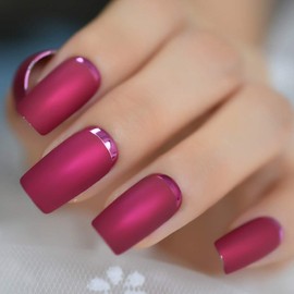 Slim Gorgeous Fake Nails Matte Rose Red with Metallic Moo Medium Size Frosted Artificial Acrylic Nail Art Tips
