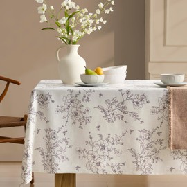 French Linen Rectangle Tablecloth Floral Table Cloth with Purple Flowers Pattern Burlap Textured Farmhouse Vintage Rustic Outdoor Table Cover for Picnic,Dining,Party,Home Decor 55x102 Inch