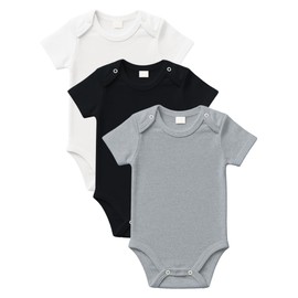 rise&Raba Baby Bodysuit 3 Pcs | 100% Organic Cotton Half Sleeve Comfortable Button Baby Vests for Boys and Girls | Cute,Cosy, Soft 0-4 Years Unisex Onesies (White-Black-Grey, 12-18 Month)