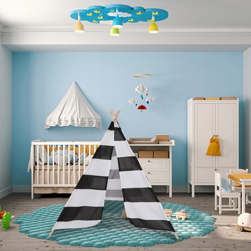 nic-473109 White Black Striped Kid Teepee Portable Canvas Tent Foldable