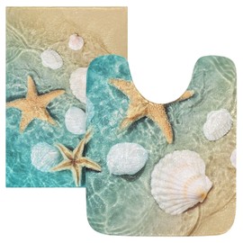 ALAZA Starfish Seashell Summer Beach Bath Mat for Bathroom Shower U Shape Toilet Rugs Contour Carpet Set, Fluffy Absorbent & Machine Washable, 2 Piece