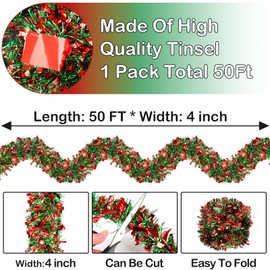 50FT Christmas Tinsel Garland Decorations, Metallic Tinsel Twist Garland for Christmas Tree Decorations, Xmas Tree Decor for Indoor Outdoor Holiday Party Supplies (Red and Green)