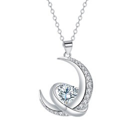 J.MUEN Moon Necklace for Women, 925 Sterling Silver, Pendant Chains with Heart Cubic Zirconia, Birthday, Valentine's Day, Christmas Gifts for Women, Boyfriend, 45 + 5 inches, Sterling Silver, Cubic