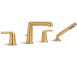 Roman Brushed Gold 4 Hole Widespread 2 Handle Bath Tub Filler Set with 71 Inch Hand Shower and Solid Brass Deck Mount Faucet with Sprayer