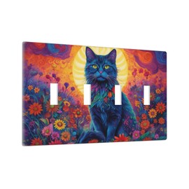 Thsanju Cute Watercolor Cat Gold Sun Sunset Colorful Flower Cloud 4 Gang Light Switch Covers Decorative Quad Toggle Wall Plate 4 Hole Electrical Switchplate Dimmer Faceplate for Country Bathroom Decor