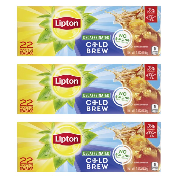 Lipton Decaffeinated Cold Brew Family Size Iced Tea Bags, Unsweetened, 22 Count (Pack of 6)