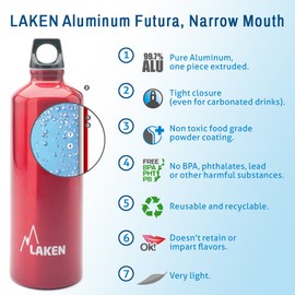 LAKEN Futura Water Bottle with Narrow Mouth, Single Wall Lightweight Aluminum BPA Free, Leak-Proof Screw Cap, 0.6L, Red