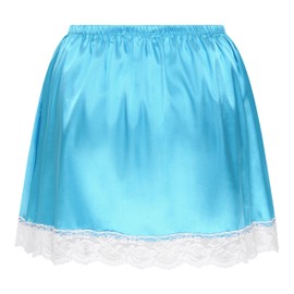 Satini Frilly Lace Sissy Ruffled Silky Satin Half Slip Petticoat Dolly Skirt (Aqua Blue, XL)