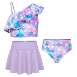 GRACE KARIN Girls' Bikini Set of 3 Adjustable Shoulder Strap Ruffle Tankini with Skirt 5-12 Years, Purple mermaid