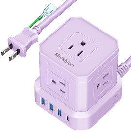 Micshion Cube-Shaped Power Strip (2400W) with Type-C, Extension Cord 2m, USB Outlet, Lightning Guard, 5 AC Outlets, 3 USB Ports, 1 Type-C, Power Strip with USB, Octopus Wiring, Table Top Power Strip