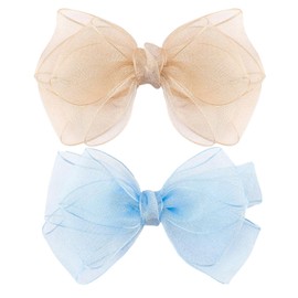 2 Colors Organza Double Hair Bows Clips - 5.5 Inch Large Big Lined Boutique Alligator Clips Hair Accessories for Girls Toddlers and Little Teens (Gold-Blue)
