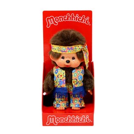 Sekiguchi 252886 Original Monchhichi Boy Flower Power in Orange, Yellow and Blue, Approx. 20 cm Large Cuddly Toy Made of Brown Plush