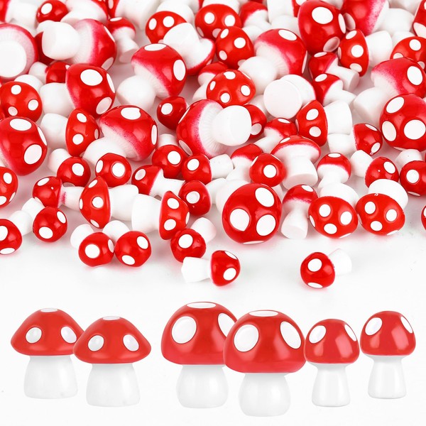 Zuimei 100 Pieces Tiny Mushrooms Mini Mushroom Ornaments Tiny Resin Miniature Mushroom Figurines for Dollhouse Micro Landscape Home Party Decoration Supplies, 3 Sizes, Red