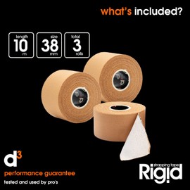 d3 Rigid Premium Rayon Extra Stick Tan Zinc-Oxide Strapping Tape 38mm x 10m (3 Rolls) High Strength Blister Prevention, Rugby & Weightlifting Ankle, Wrist Joint Support