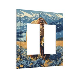 Modern Art Bear Nature Scene Mountain Flowers Decorative Outlet Covers 2 Gang Double GFCI Rocker Electrical Wall Panels Light Switch Cover Plate for Bedroom Cabin Decor