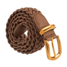 Belle Poque Women's Leather Braided Belts For Jeans Dress Pants Elastic Waist Woven Belt with Gold Buckle Brown XX-Large