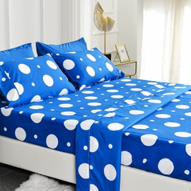 American Home Collection 6 Piece Print Bedding Sheets & Pillowcases Set Brushed Microfiber Wrinkle Free 14 Inches Deep Pocket Patterned Sheets (Full, Blue Polka Dot)