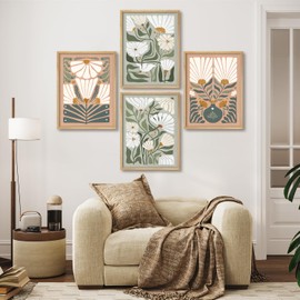 SIGNWIN Framed Poster Set Minimalist Floral Design Scandinavian Flower Illustrations Modern Art Decorative Scenic Multicolor Nature Wilderness for Bedroom - 8"x10"x 4 Natural