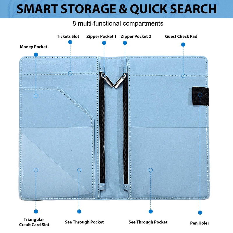 2 Pack Cute Server Books for Waitress, PU Leather, Blue