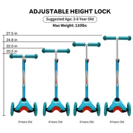 ChromeWheels Scooter for Kids, Deluxe 3 Wheel Scooter for Toddlers 4 Adjustable Height Glider with Kick Scooters, Lean to Steer with LED Flashing Light for Ages 3-6 Girls Boys, Aqua